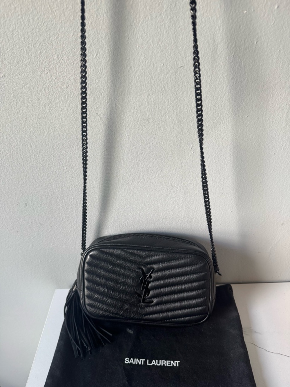 Saint Laurent Black Chevron Quilted Leather Camera Crossbody with Tassel